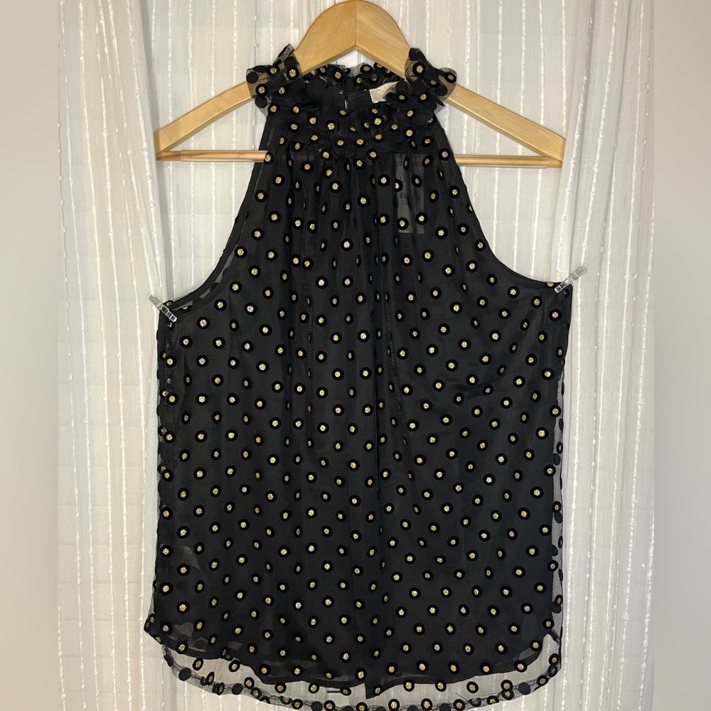 NWT by LOFT, Women’s Blouse, size S, black sheer, gold metallic circles no flaws